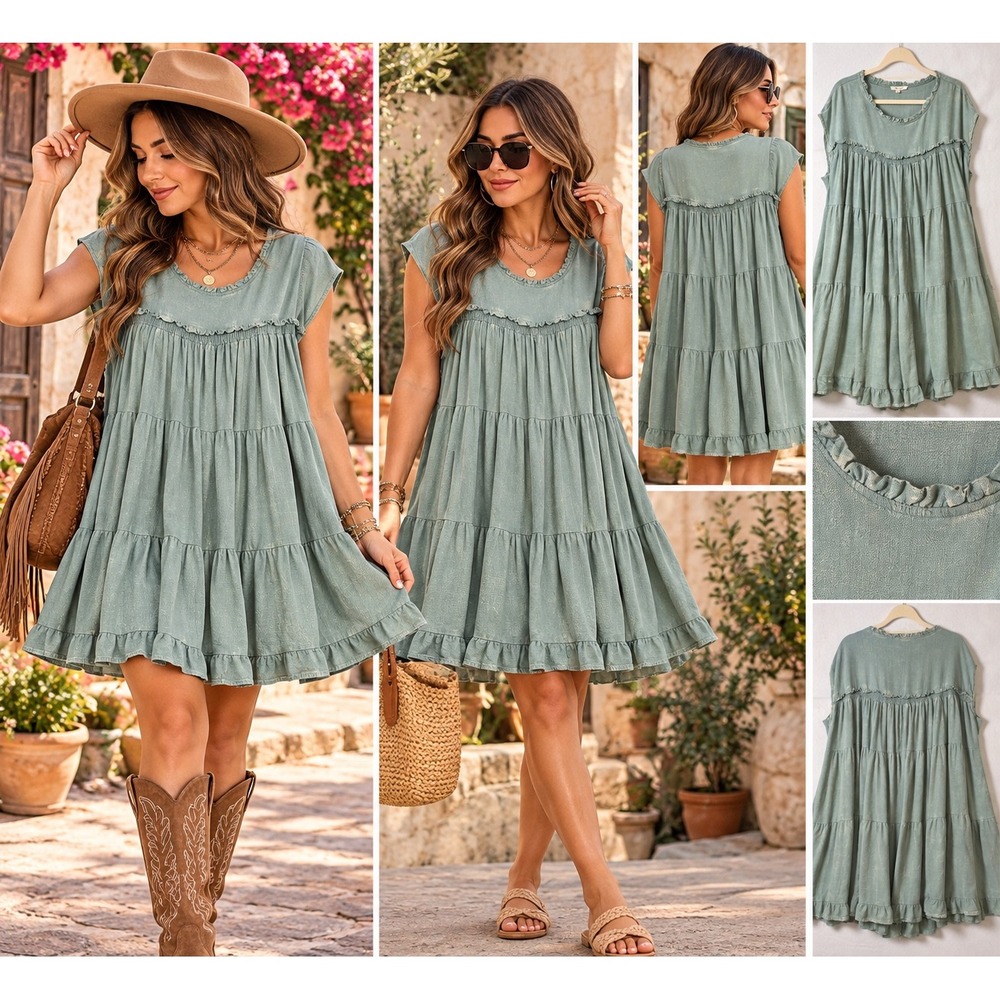 Oli & Hali Sage Green Linen Blend Tiered Babydoll Mini Dress JD0357 Small